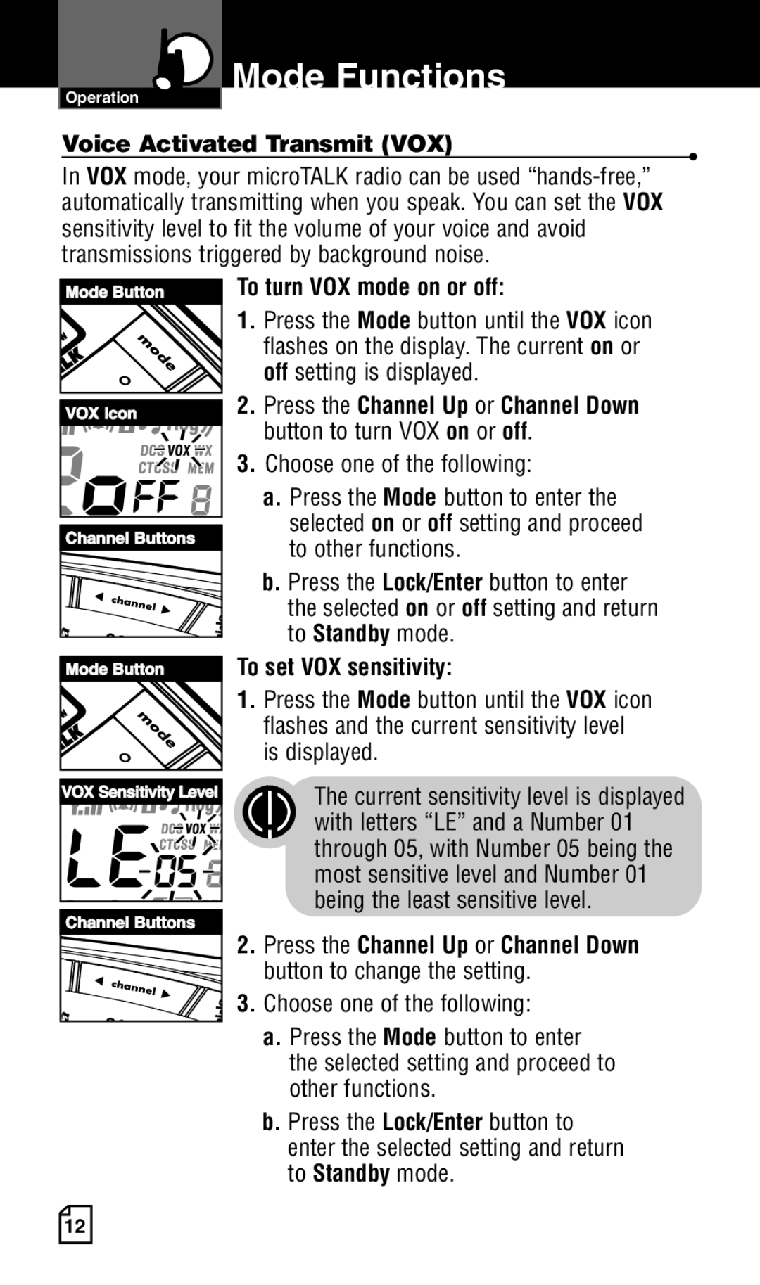 Cobra Electronics LI 6500WXC owner manual Voice Activated Transmit VOX, To turn VOX mode on or off, To set VOX sensitivity 