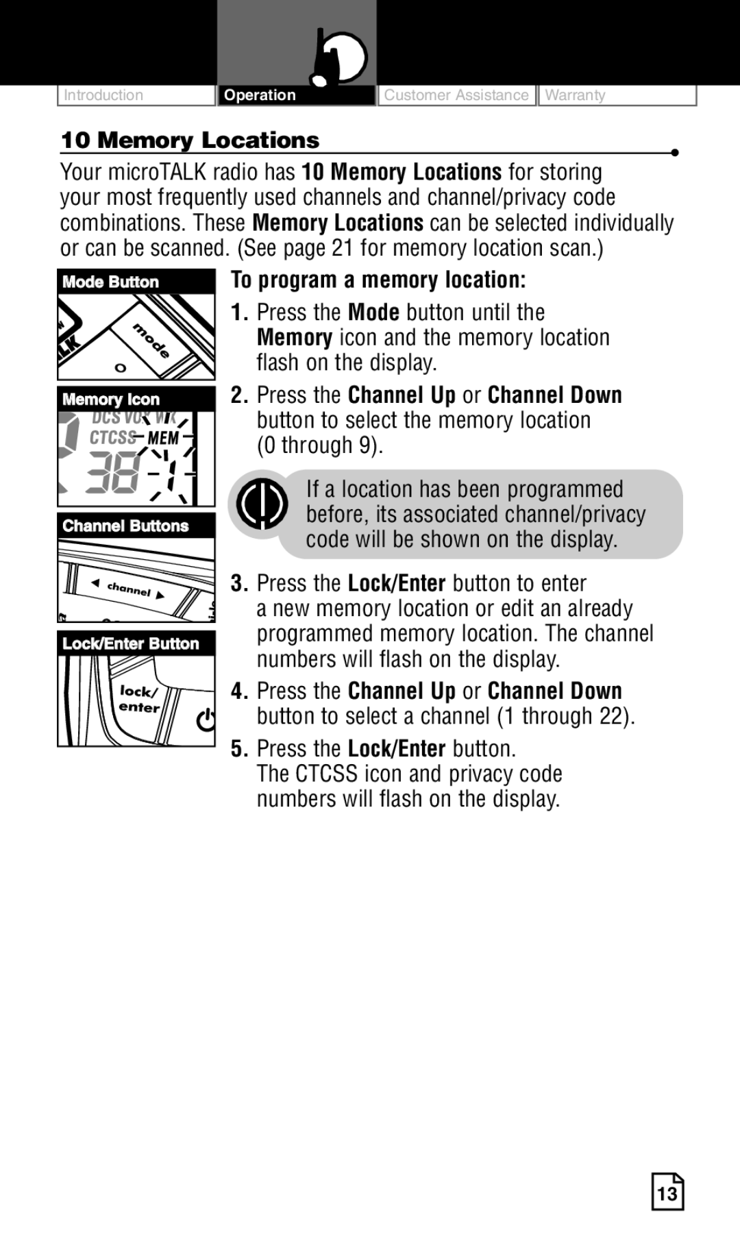 Cobra Electronics LI 6500WXC Memory Locations, To program a memory location, Press the Lock/Enter button to enter 