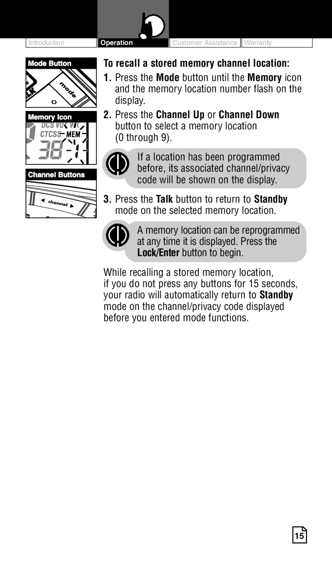 Cobra Electronics LI 6500WXC To recall a stored memory channel location, Display, While recalling a stored memory location 