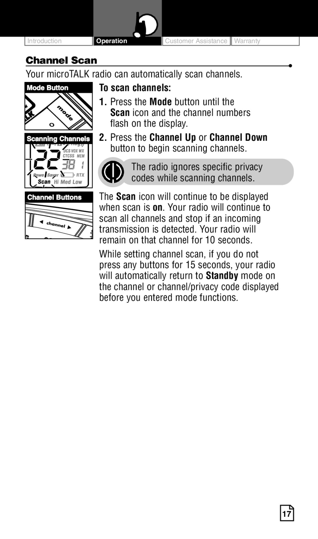 Cobra Electronics LI 6500WXC Channel Scan, Your microTALK radio can automatically scan channels, To scan channels 