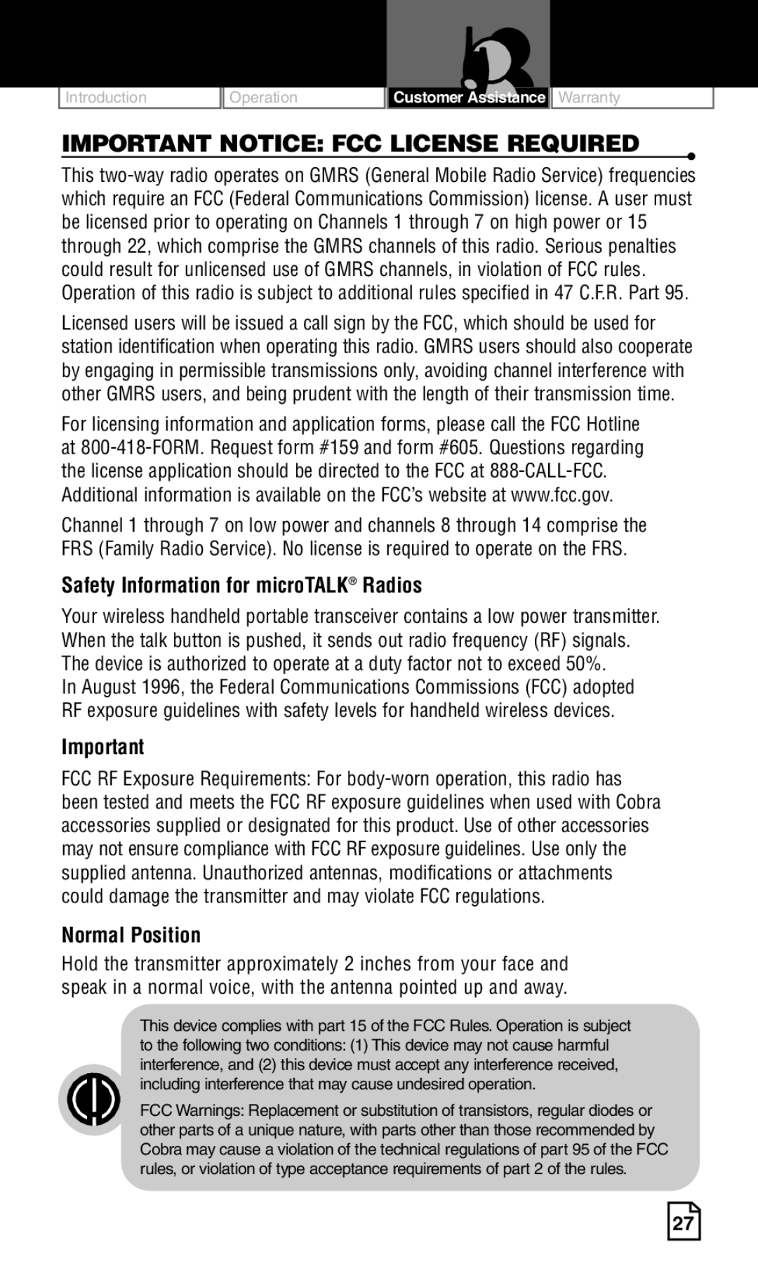 Cobra Electronics LI 6500WXC owner manual Important Notice FCC License Required 