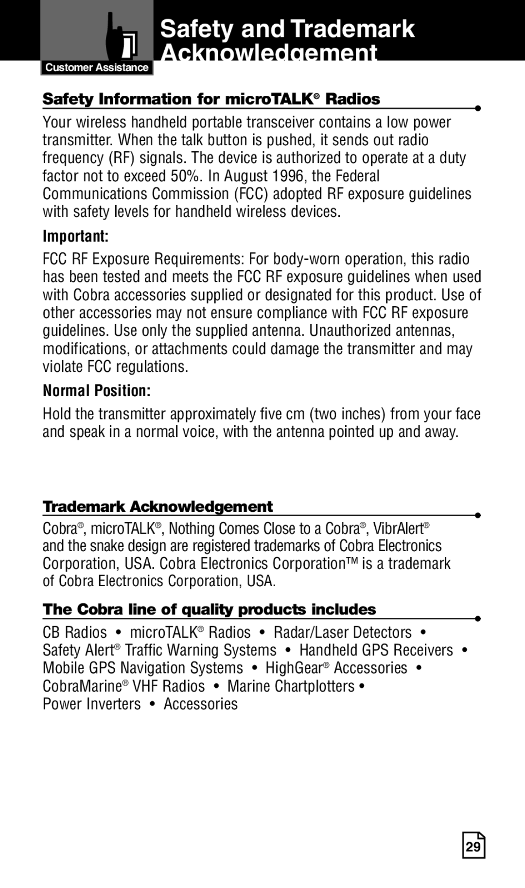 Cobra Electronics LI 6500WXC owner manual Safety and Trademark Acknowledgement, Safety Information for microTALK Radios 