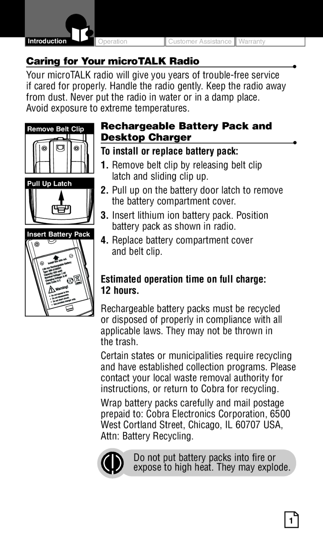 Cobra Electronics LI 6500WXC owner manual Caring for Your microTALK Radio, Replace battery compartment cover and belt clip 