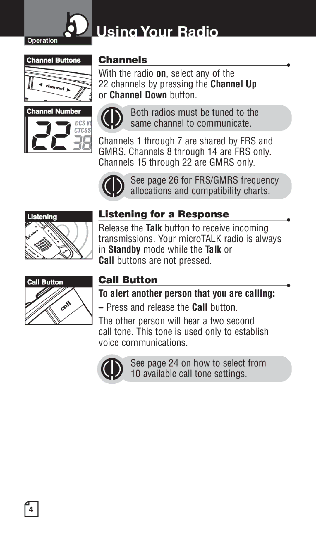 Cobra Electronics LI 6500WXC owner manual Channels, Or Channel Down button, Listening for a Response, Call Button 