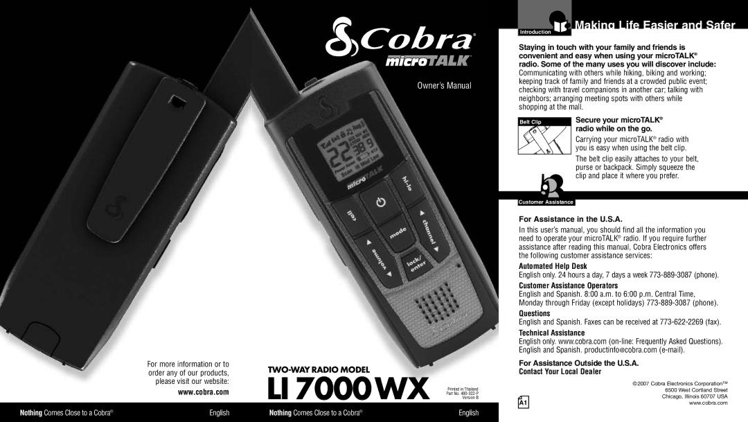 Cobra Electronics LI 7000WX owner manual Making Life Easier and Safer, For Assistance in the U.S.A, Automated Help Desk 