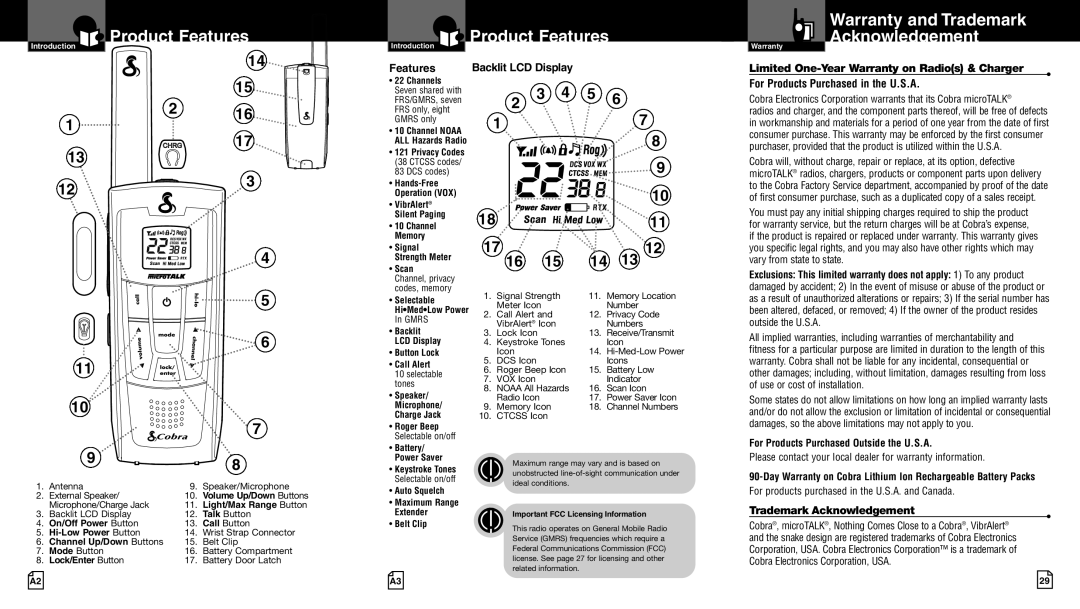 Cobra Electronics LI 7000WX owner manual Product Features, Warranty and Trademark Acknowledgement 