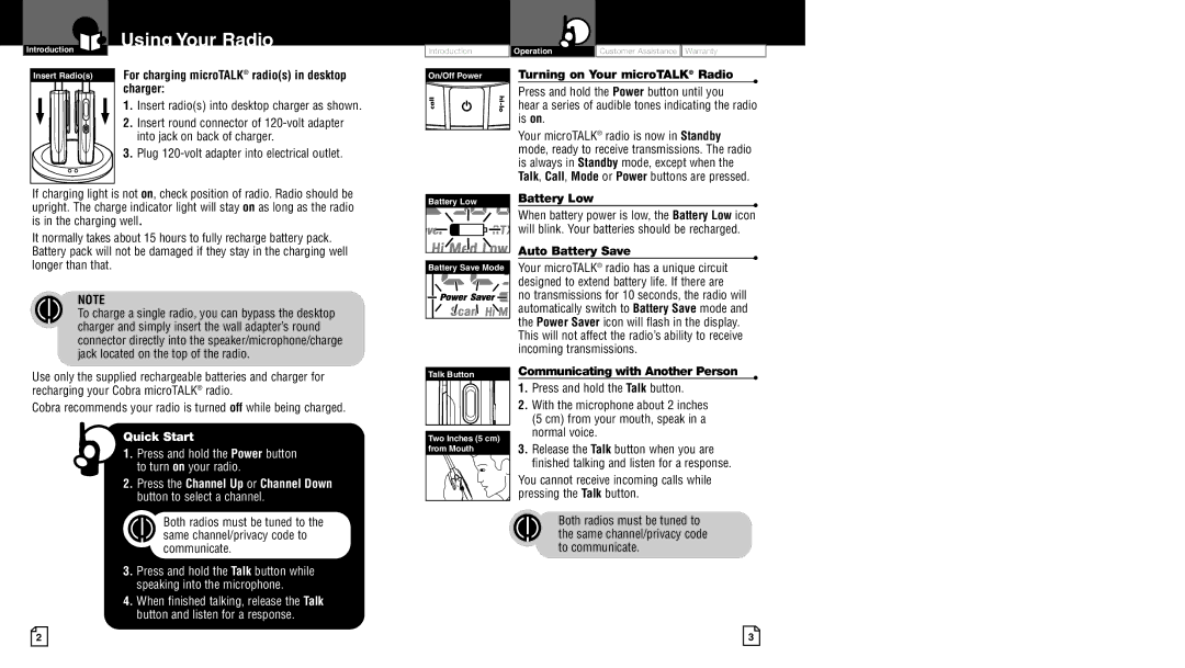 Cobra Electronics LI 7000WX owner manual Using Your Radio, For charging microTALK radios in desktop charger, Battery Low 