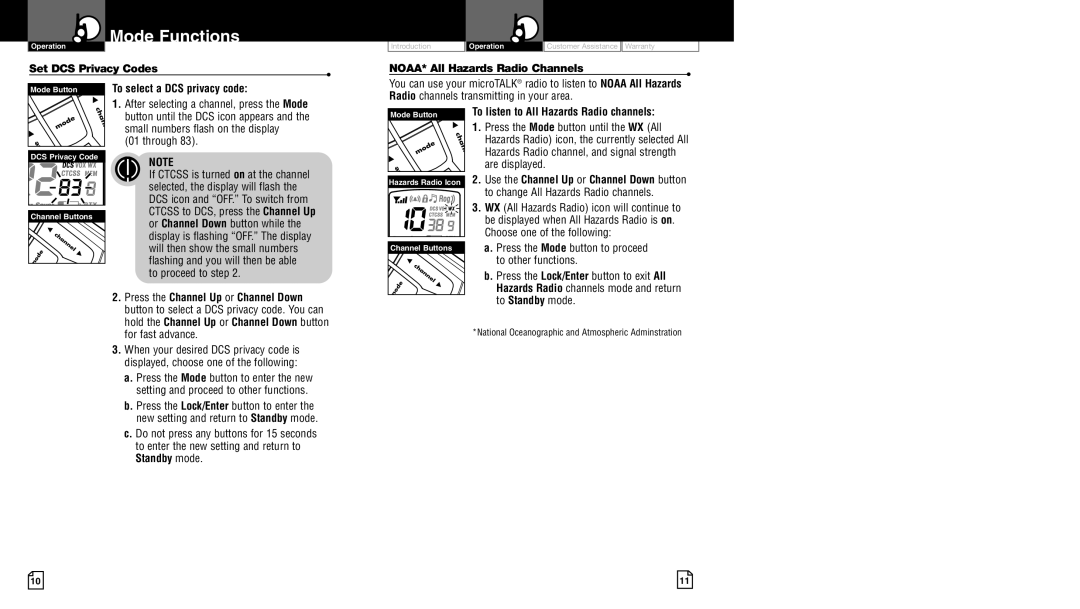 Cobra Electronics LI 7000WX Set DCS Privacy Codes, To select a DCS privacy code, NOAA* All Hazards Radio Channels 