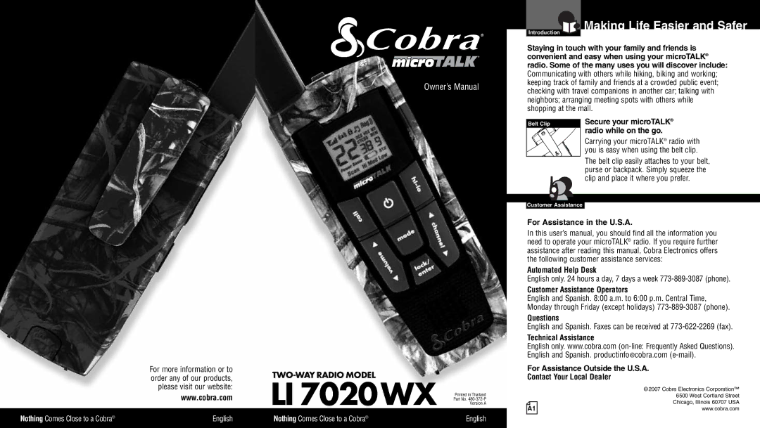 Cobra Electronics LI 7020WX owner manual Making Life Easier and Safer, For Assistance in the U.S.A, Automated Help Desk 