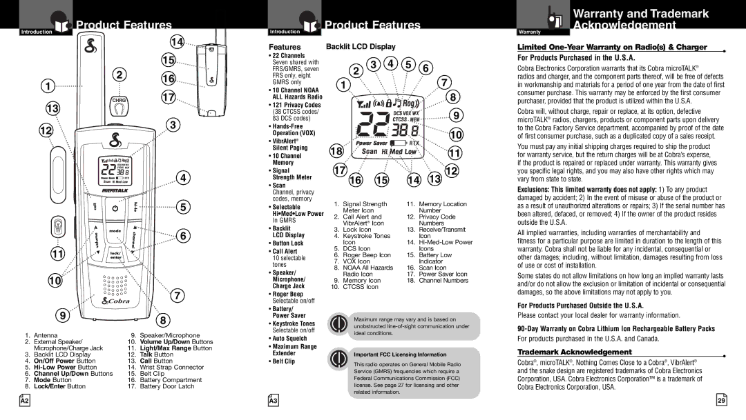 Cobra Electronics LI 7020WX Product Features, Warranty and Trademark Acknowledgement, For Products Purchased in the U.S.A 