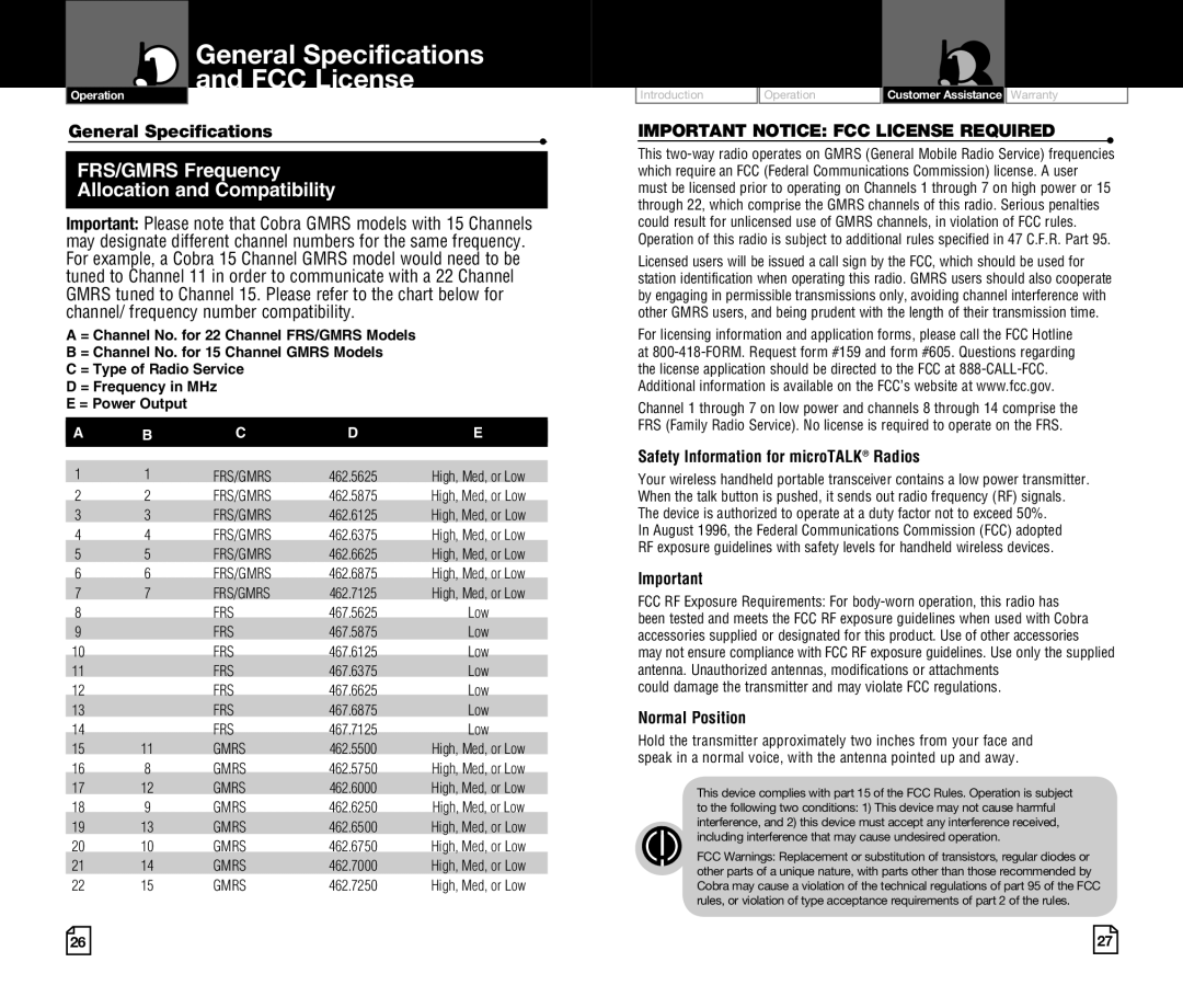 Cobra Electronics LI 720 General Specifications FCC License, Safety Information for microTALK Radios, Normal Position 