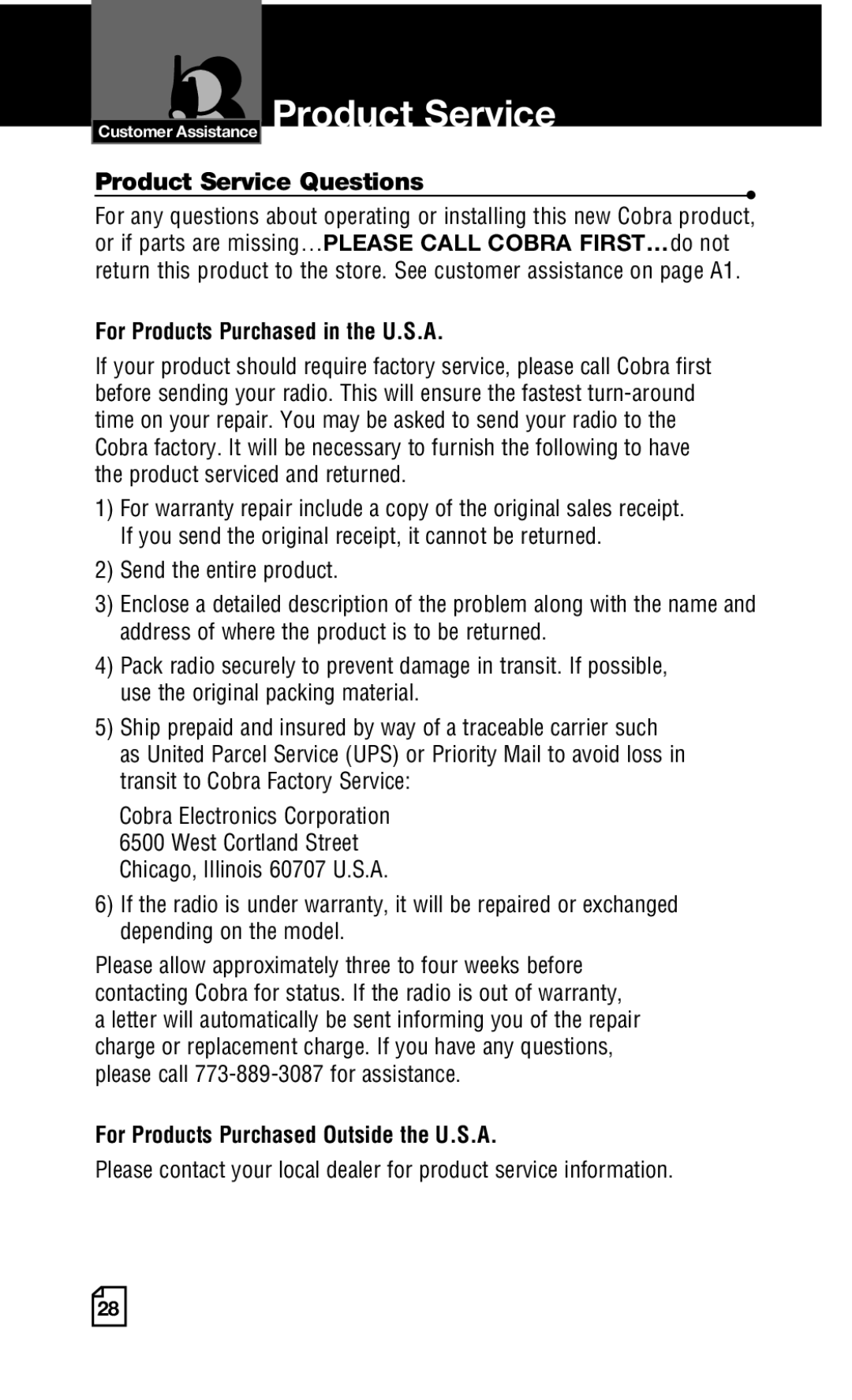 Cobra Electronics LI 720 owner manual Product Service, For Products Purchased in the U.S.A 