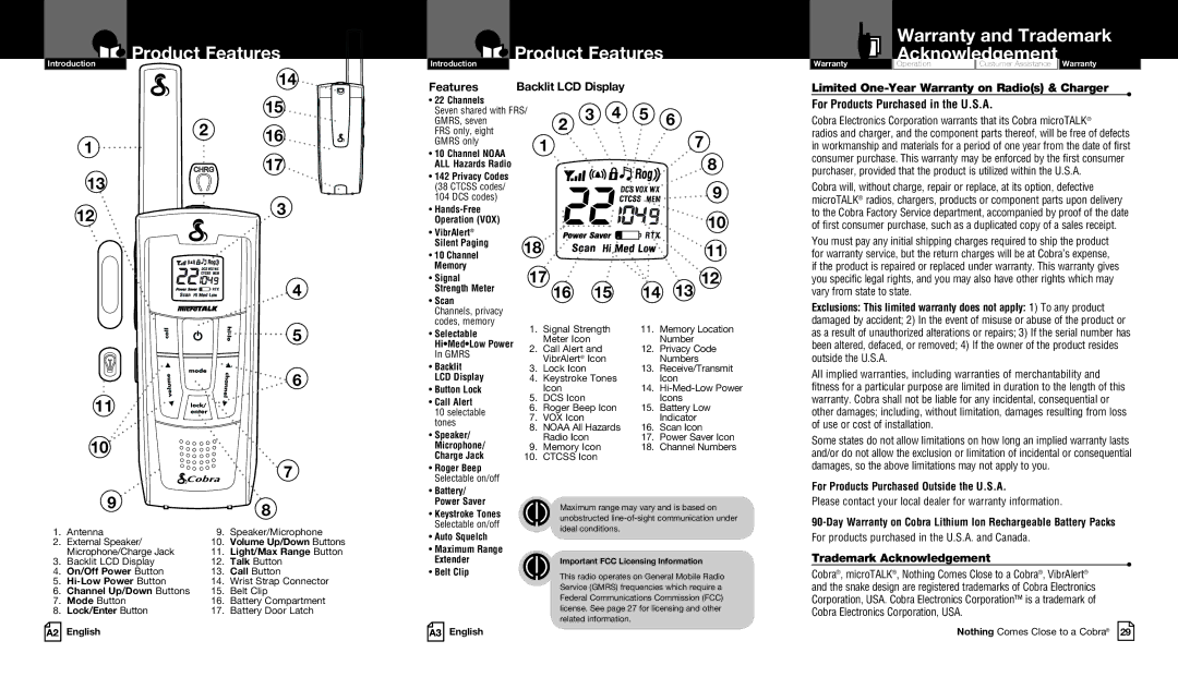 Cobra Electronics LI 720 owner manual Product Features, Warranty and Trademark Acknowledgement, Trademark Acknowledgement 