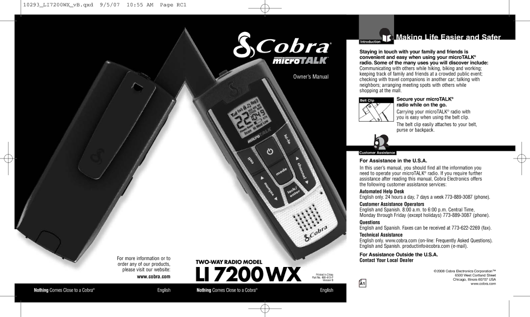 Cobra Electronics LI 7200WX owner manual Making Life Easier and Safer, For Assistance in the U.S.A, Automated Help Desk 