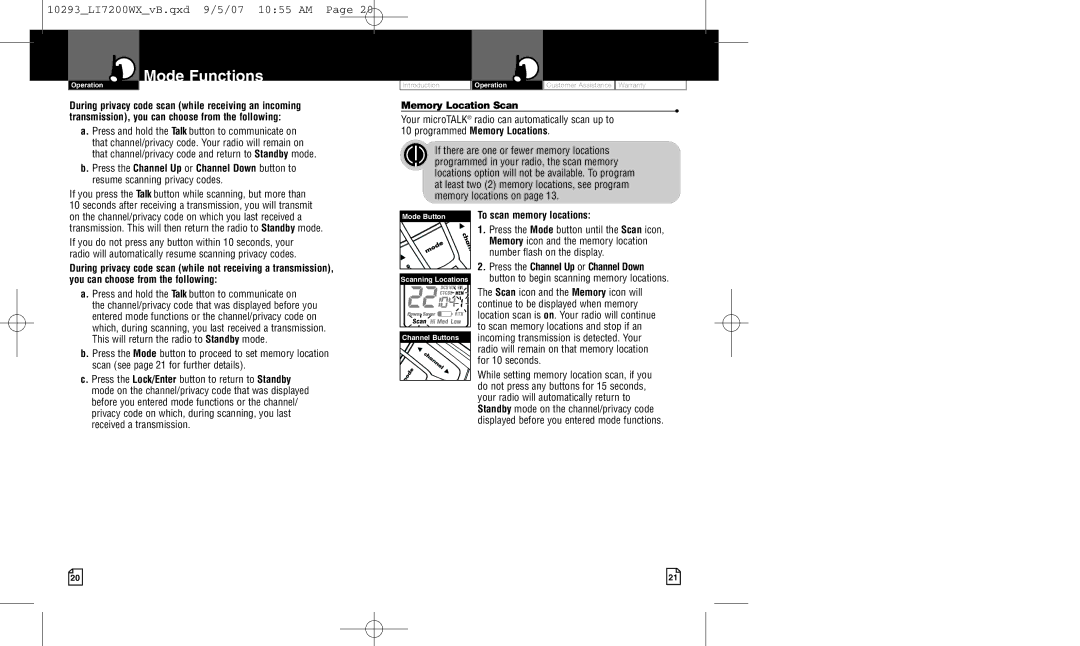 Cobra Electronics LI 7200WX owner manual Memory Location Scan, To scan memory locations 