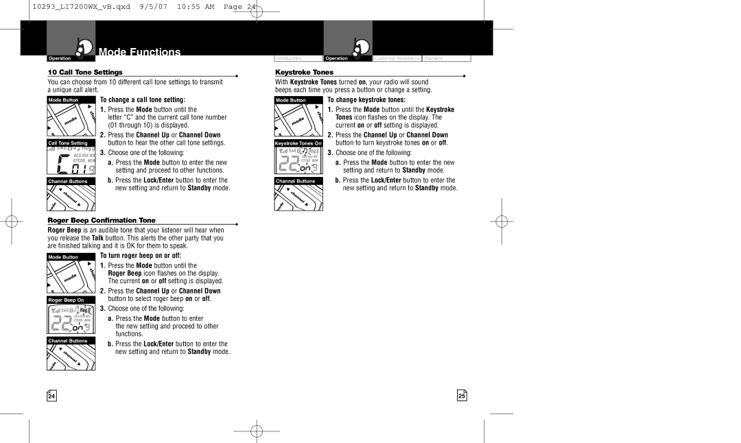 Cobra Electronics LI 7200WX owner manual Call Tone Settings, Keystroke Tones, Roger Beep Confirmation Tone 