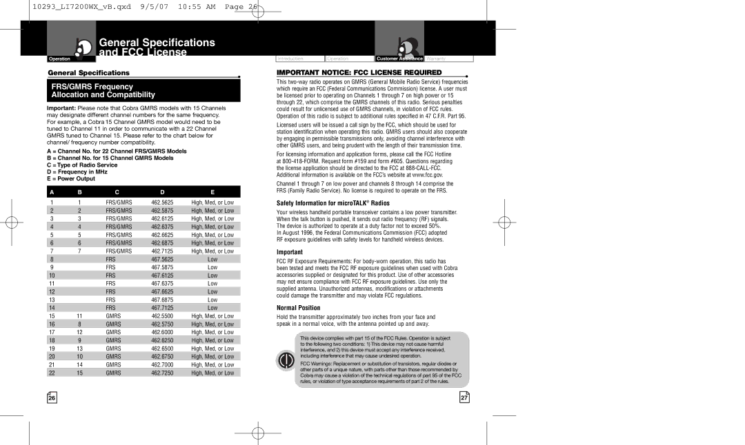 Cobra Electronics LI 7200WX owner manual General Specifications FCC License 