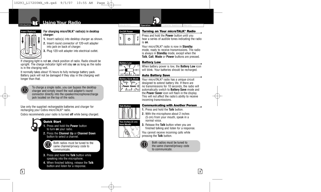 Cobra Electronics LI 7200WX owner manual Using Your Radio, For charging microTALK radios in desktop charger 