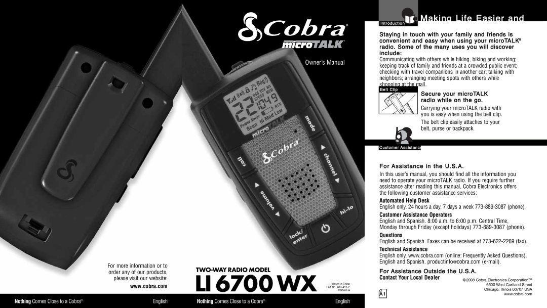 Cobra Electronics LI6700WX owner manual Making Life Easier, Automated Help Desk, Customer Assistance Operators, Questions 