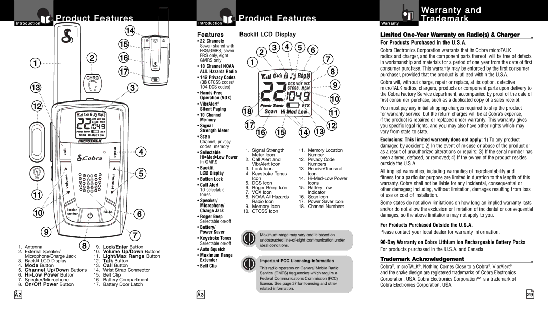 Cobra Electronics LI6700WX Product Features Warranty Trademark, Features Backlit LCD Display, Trademark Acknowledgement 