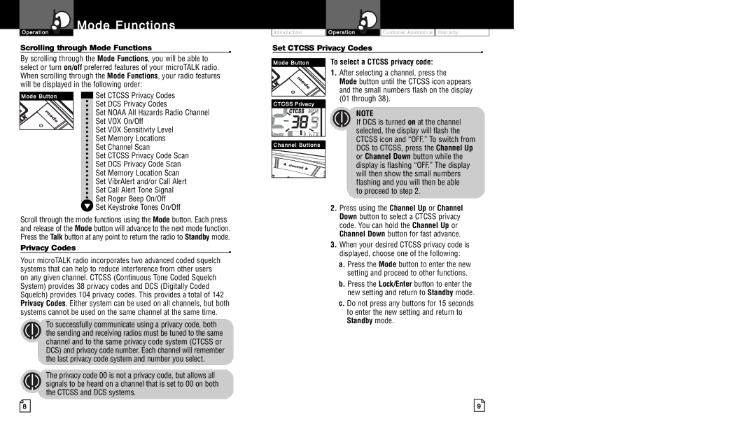 Cobra Electronics LI6700WX owner manual Scrolling through Mode Functions, Privacy Codes 