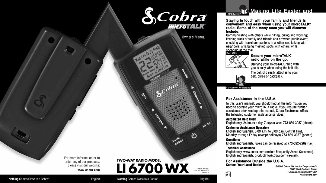 Cobra Electronics LI6700WX owner manual Making Life Easier and, Two-Way Radio Model, For Assistance in the U.S.A, English 