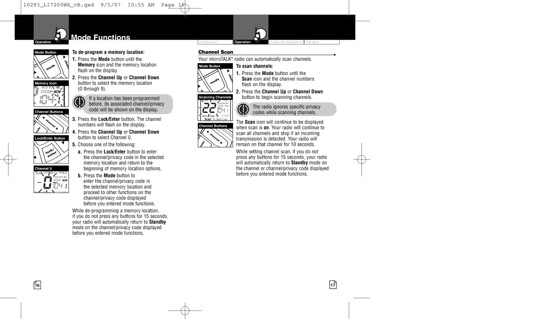 Cobra Electronics LI7200WX owner manual To de-program a memory location, Channel Scan, To scan channels 