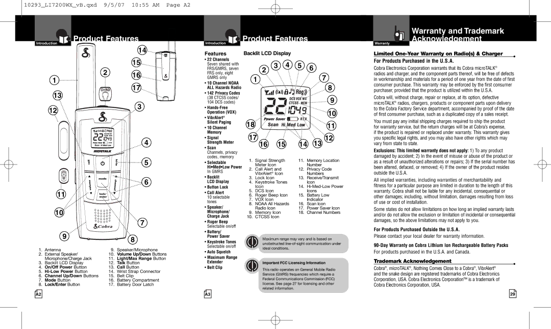 Cobra Electronics LI7200WX owner manual Product Features, Warranty and Trademark Acknowledgement 