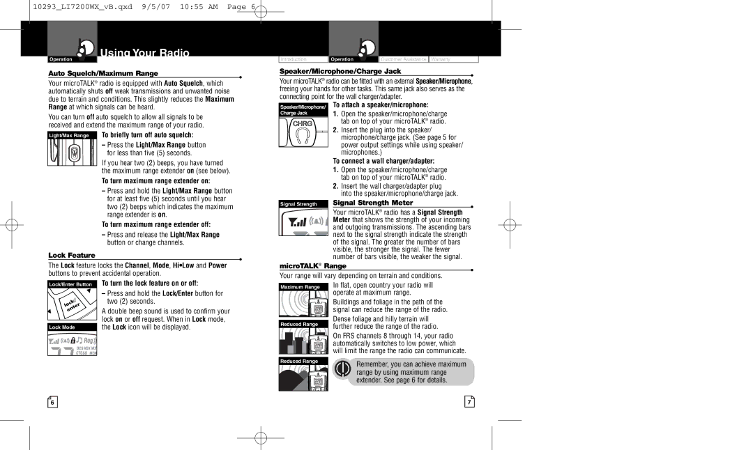 Cobra Electronics LI7200WX owner manual Auto Squelch/Maximum Range, Lock Feature, Signal Strength Meter, MicroTALK Range 