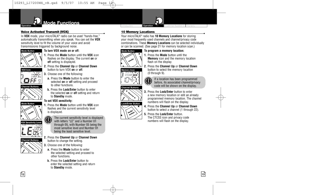 Cobra Electronics LI7200WX owner manual Voice Activated Transmit VOX, Memory Locations 