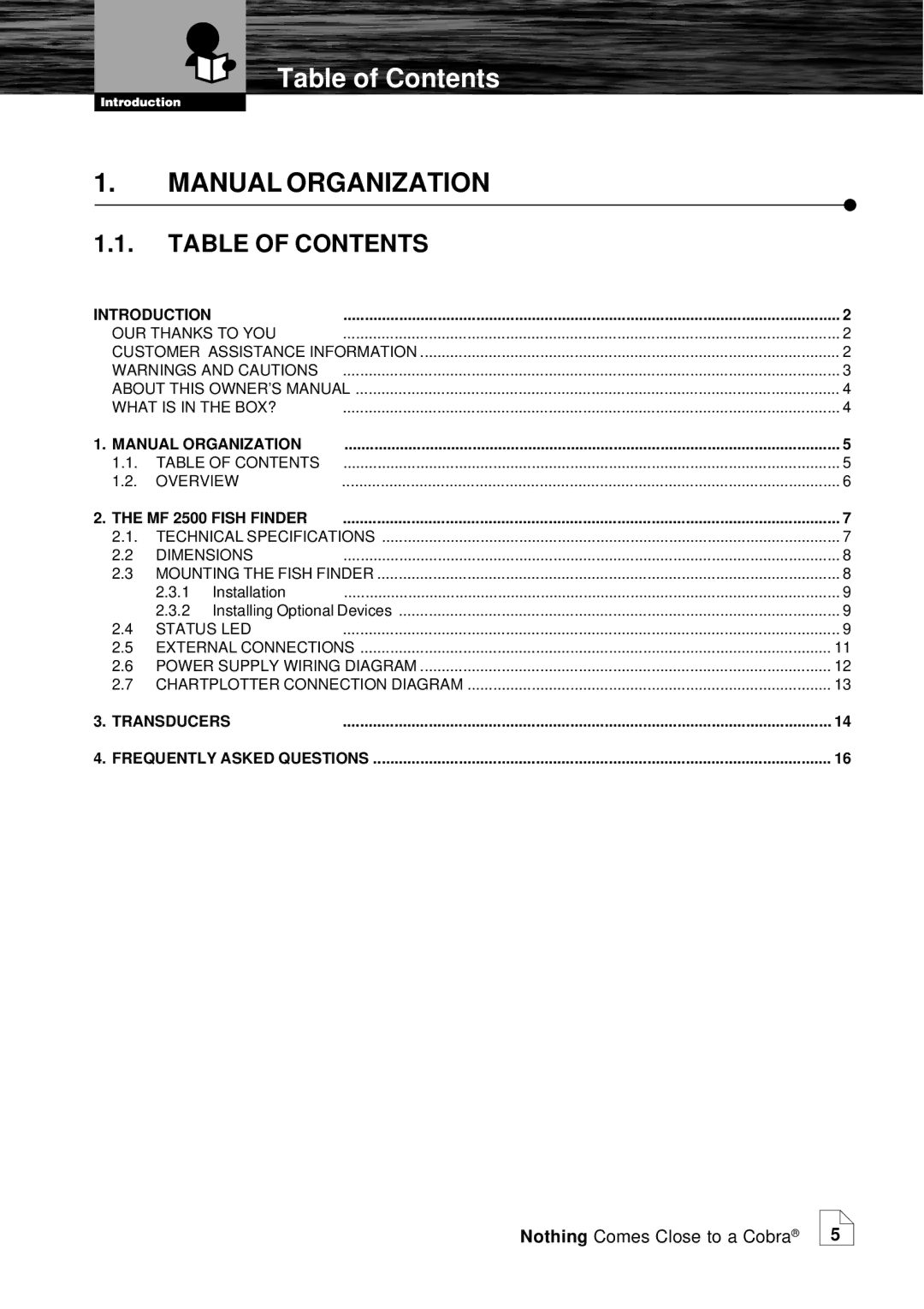 Cobra Electronics MF 2500 manual Table of Contents, Manual Organization 