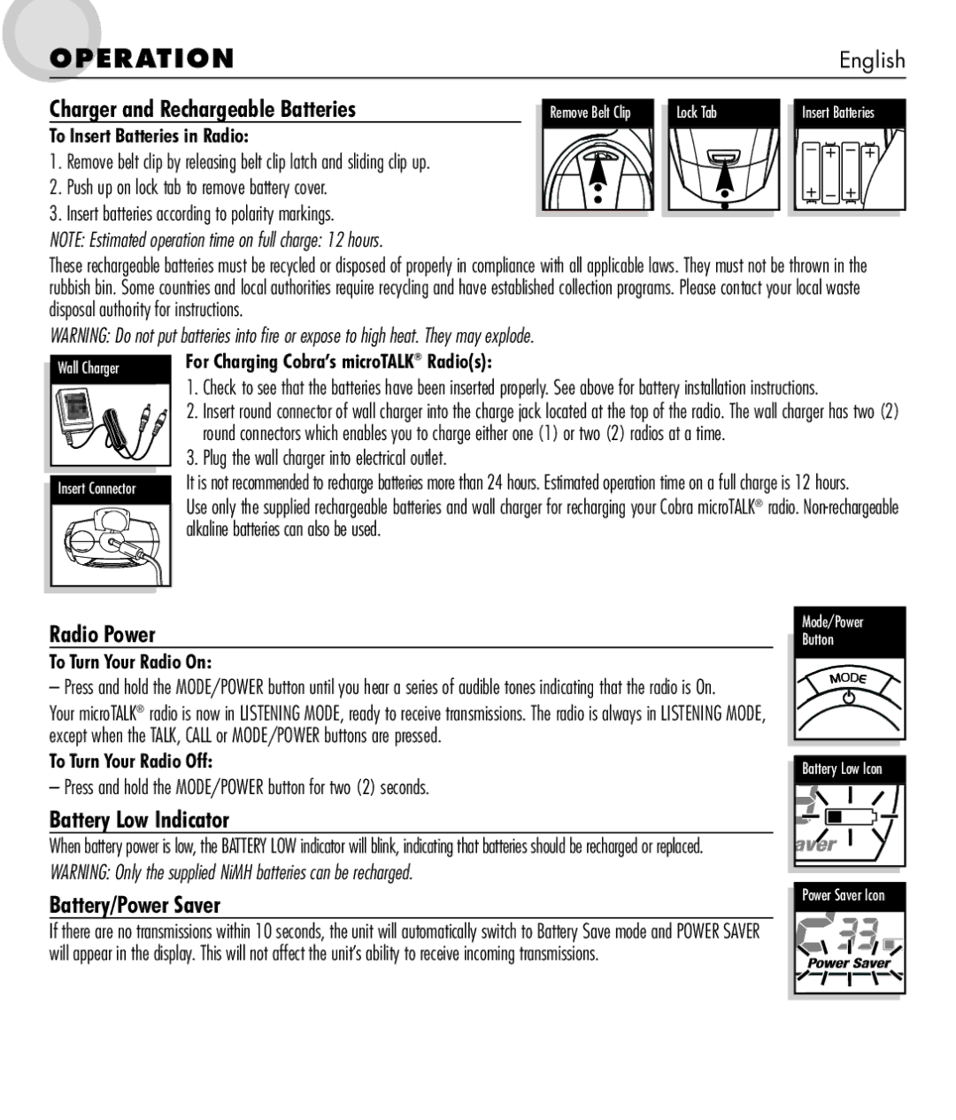 Cobra Electronics microTALK 600 manual Charger and Rechargeable Batteries, Radio Power, Battery Low Indicator 