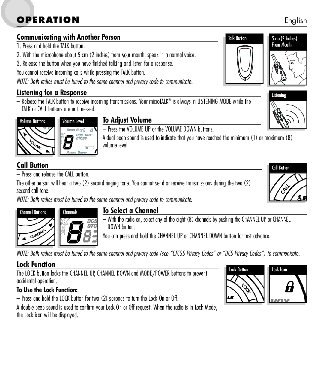 Cobra Electronics microTALK 600 manual Listening for a Response, To Adjust Volume, Call Button, Lock Function 