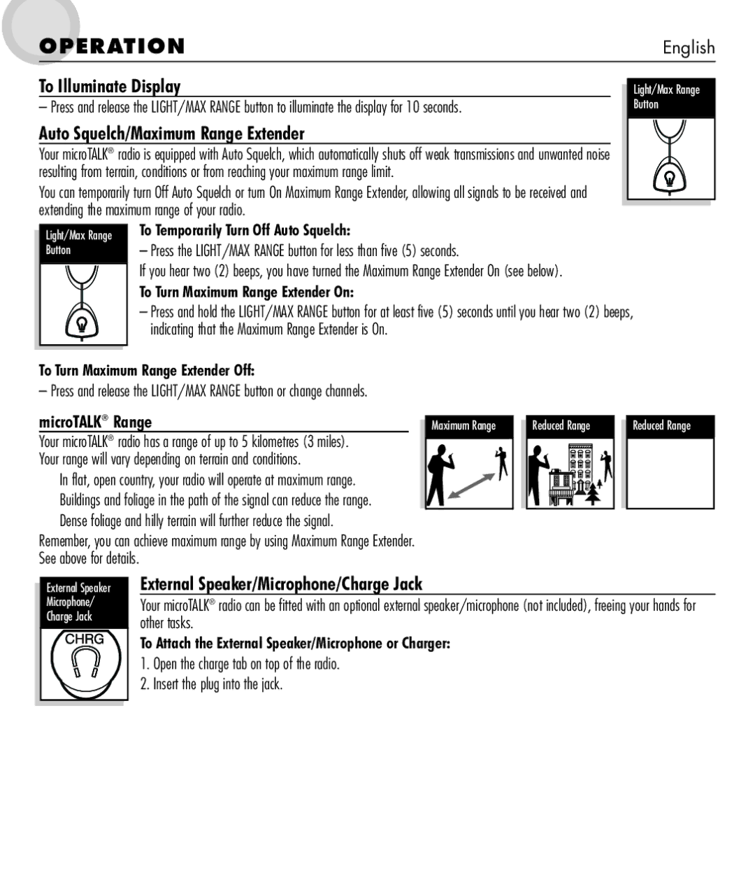 Cobra Electronics microTALK 600 manual To Illuminate Display, Auto Squelch/Maximum Range Extender 