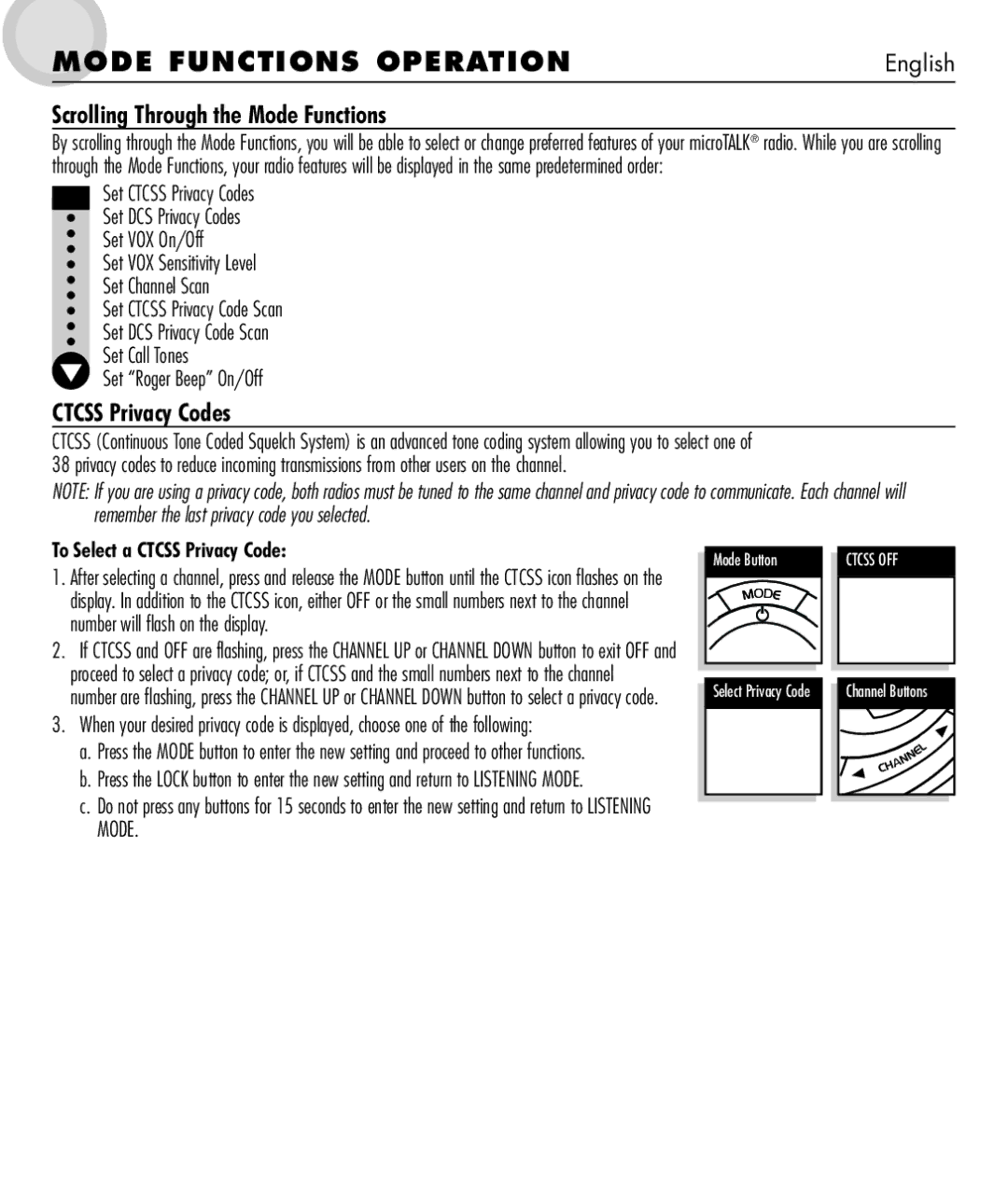 Cobra Electronics microTALK 600 manual Scrolling Through the Mode Functions, Set VOX On/Off, Set Ctcss Privacy Code Scan 