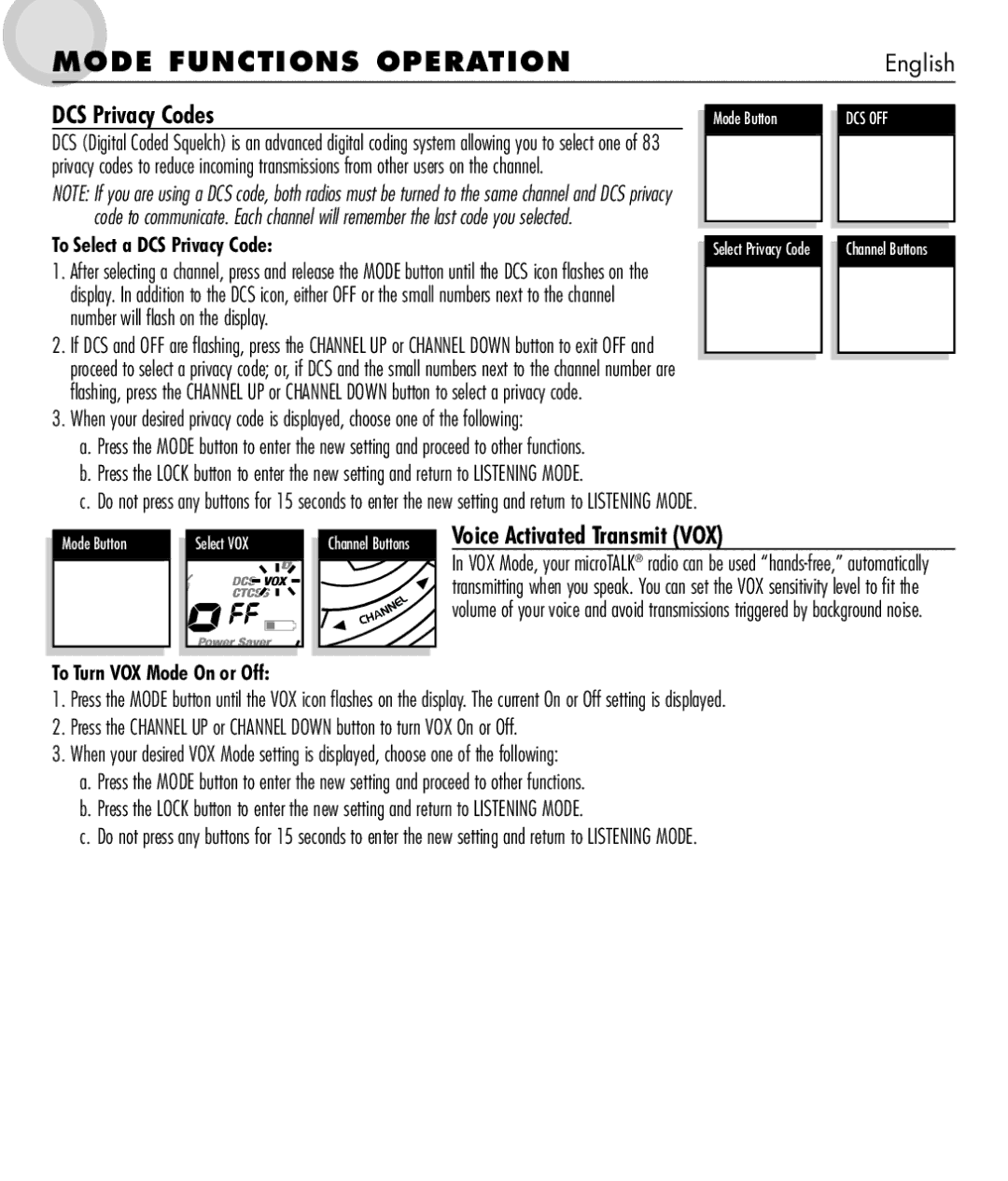 Cobra Electronics microTALK 600 Voice Activated Transmit VOX, To Select a DCS Privacy Code, To Turn VOX Mode On or Off 