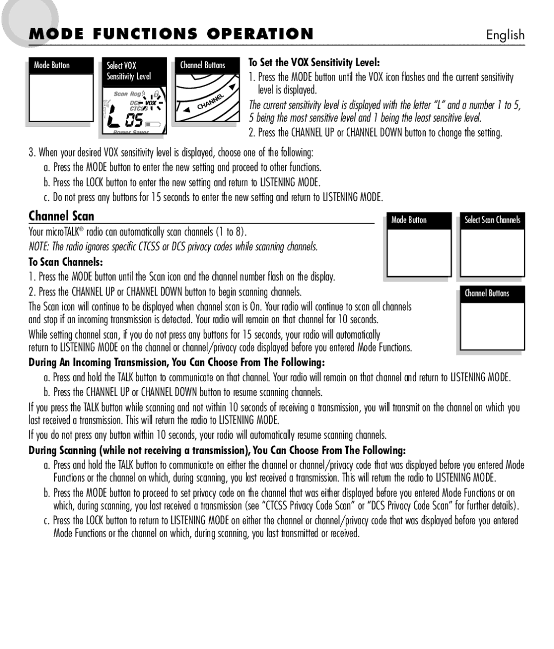 Cobra Electronics microTALK 600 manual Channel Scan, Channel Buttons To Set the VOX Sensitivity Level, To Scan Channels 