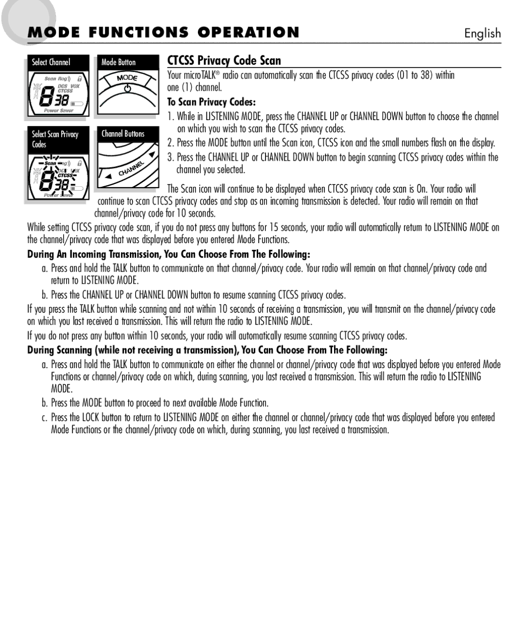 Cobra Electronics microTALK 600 manual Ctcss Privacy Code Scan, One 1 channel, To Scan Privacy Codes 