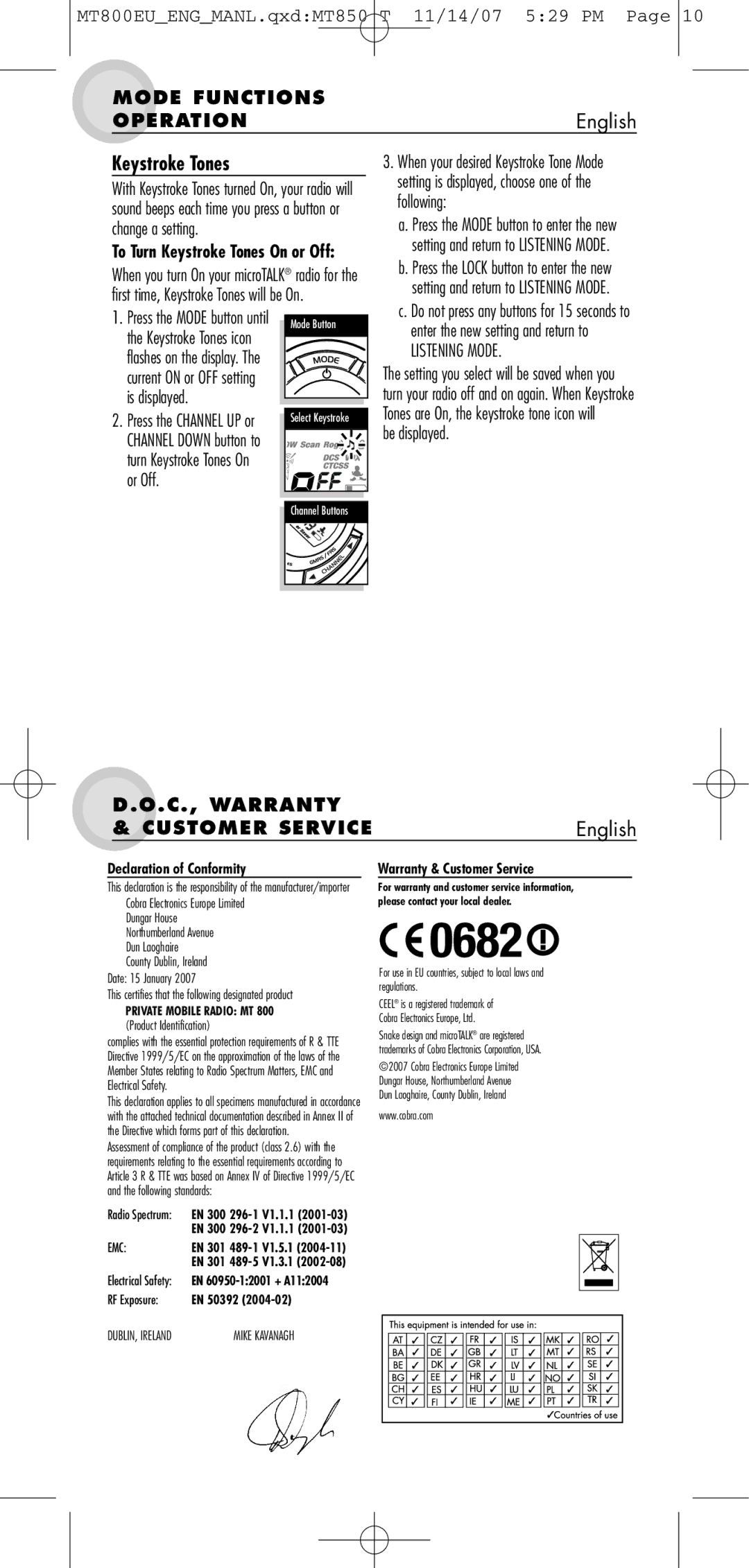 Cobra Electronics microTALK 800 manual Mode Functions Operation, Keystroke Tones, C., Warranty Customer Service, English 