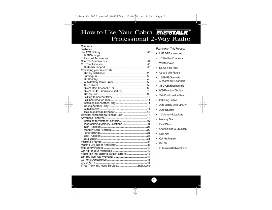 Cobra Electronics microTalk Professional 2-Way Radio specifications How to Use Your Cobra Professional 2-Way Radio 