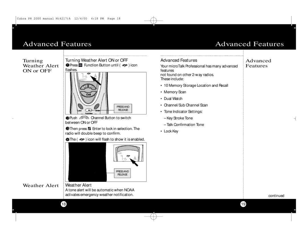 Cobra Electronics microTalk Professional 2-Way Radio specifications Weather Alert Weather Alert, Advanced Features 