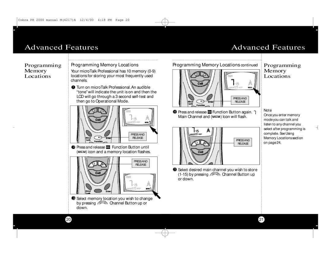 Cobra Electronics microTalk Professional 2-Way Radio specifications Programming, Memory Locations 