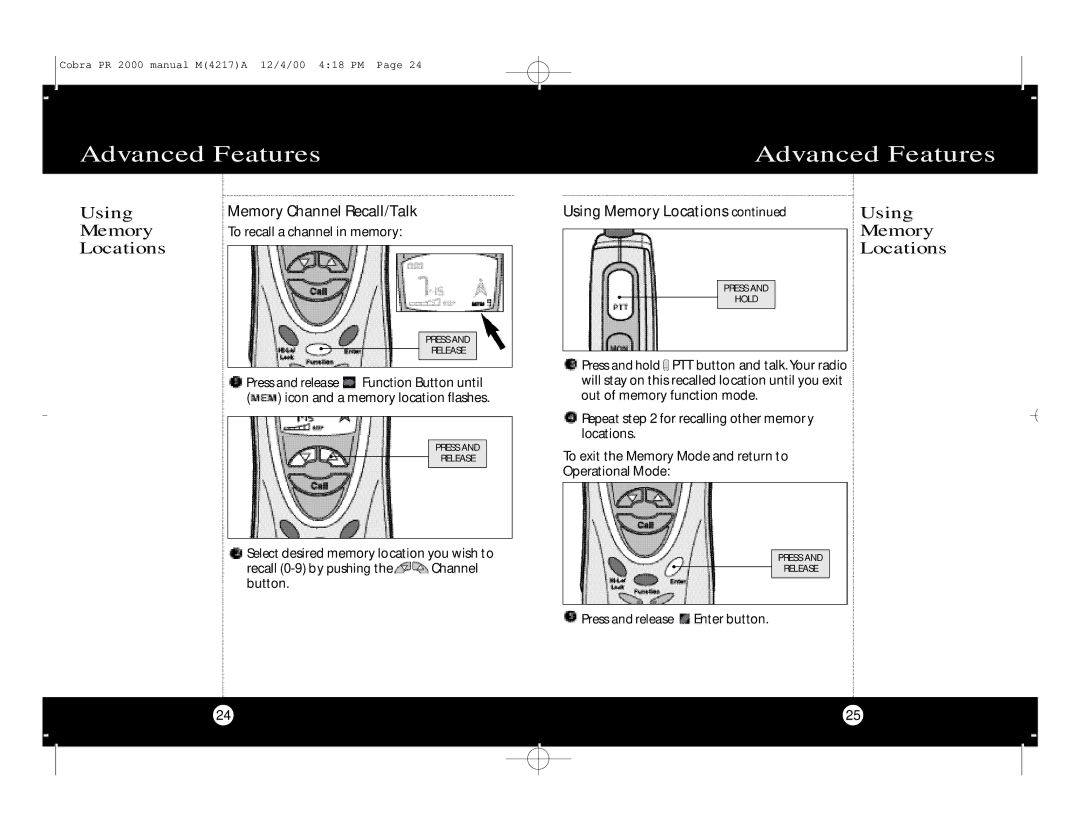 Cobra Electronics microTalk Professional 2-Way Radio specifications Using Memory Locations 