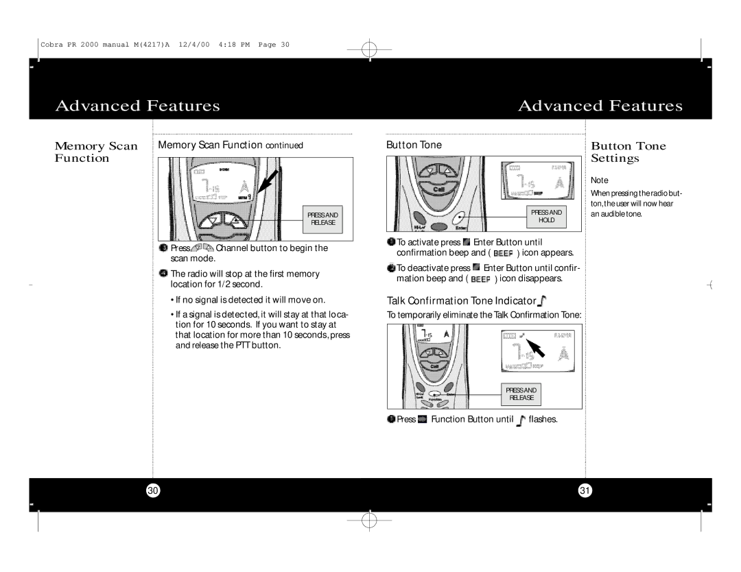 Cobra Electronics microTalk Professional 2-Way Radio specifications Button Tone, Settings, Memory Scan Memory Scan Function 