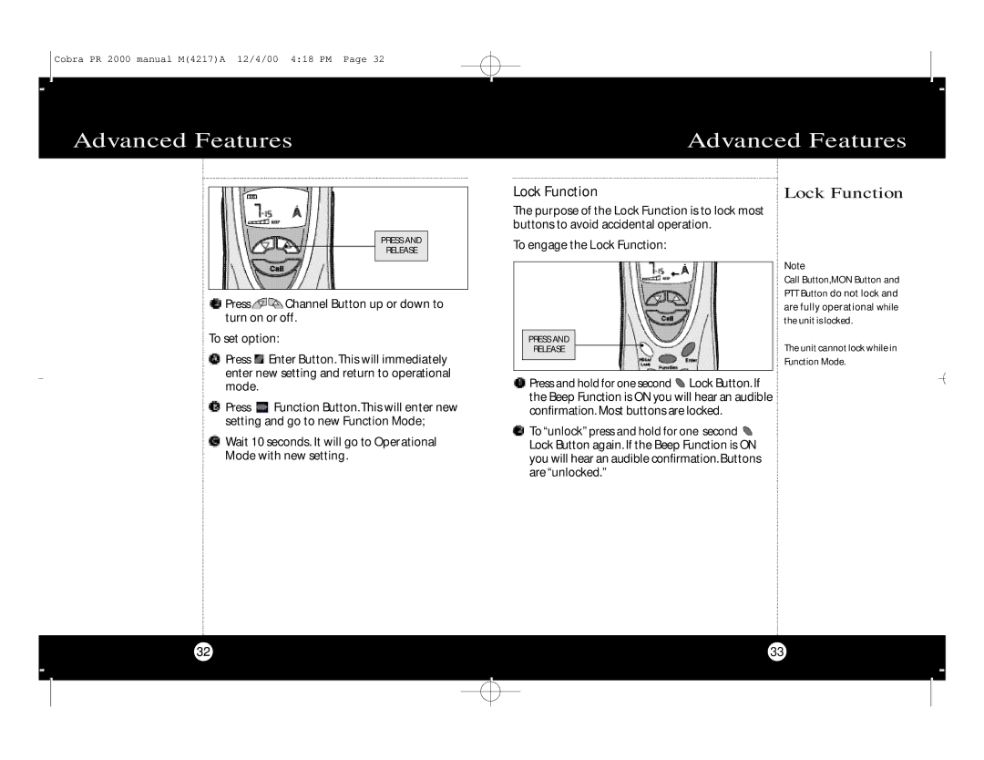 Cobra Electronics microTalk Professional 2-Way Radio specifications Lock Function 