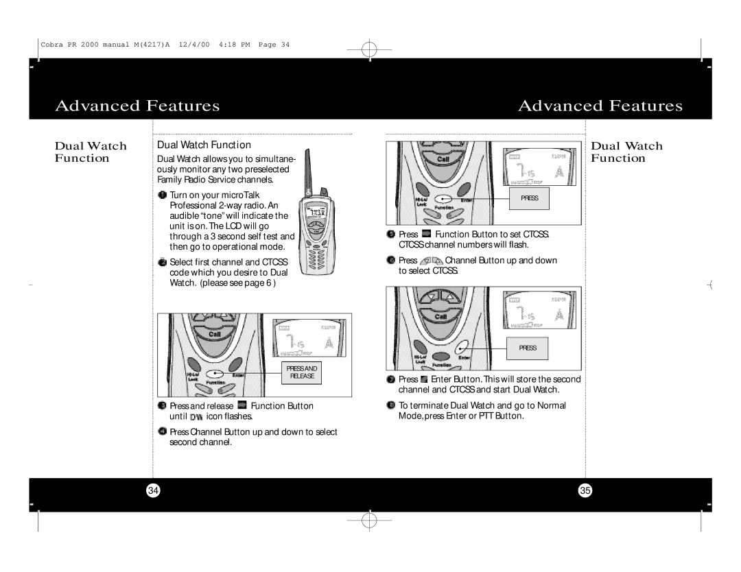 Cobra Electronics microTalk Professional 2-Way Radio specifications Dual Watch Function 