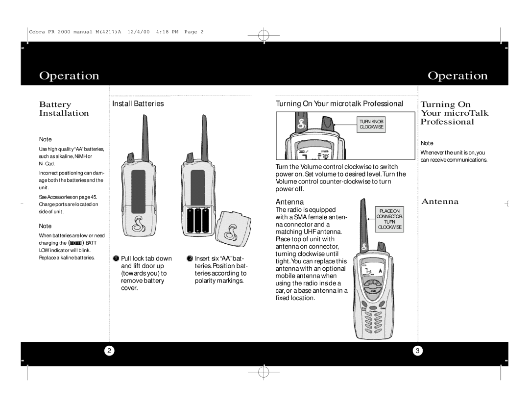 Cobra Electronics microTalk Professional 2-Way Radio Operation, Installation, Turning On Your microTalk Professional 