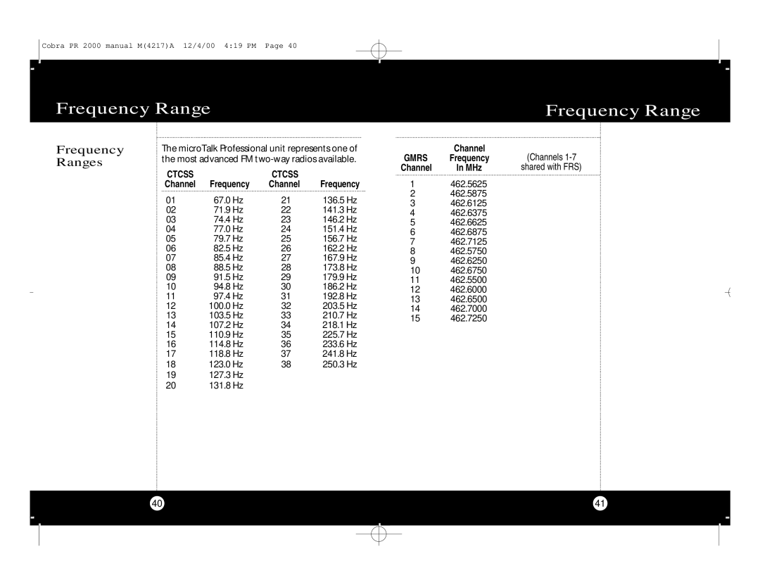 Cobra Electronics microTalk Professional 2-Way Radio specifications Frequency Ranges 