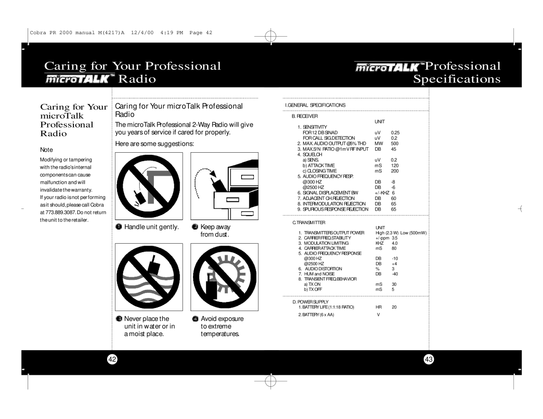 Cobra Electronics microTalk Professional 2-Way Radio specifications Caring for Your MicroTalk Professional Radio 