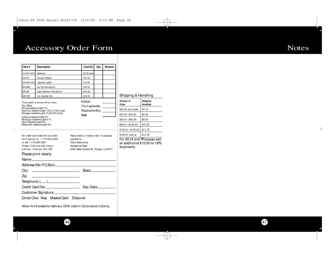 Cobra Electronics microTalk Professional 2-Way Radio specifications Accessory Order Form, Qty Amount 